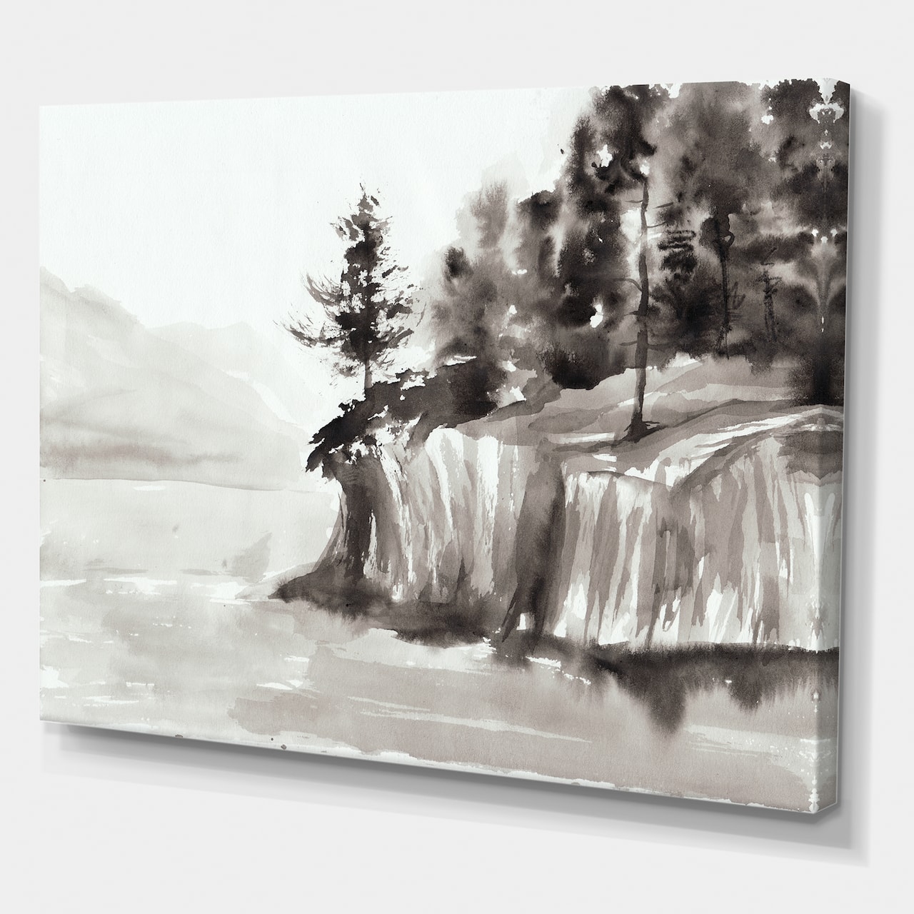 Designart - Monochrome Cliffs By The Lake - Nautical & Coastal Canvas Wall Art Print